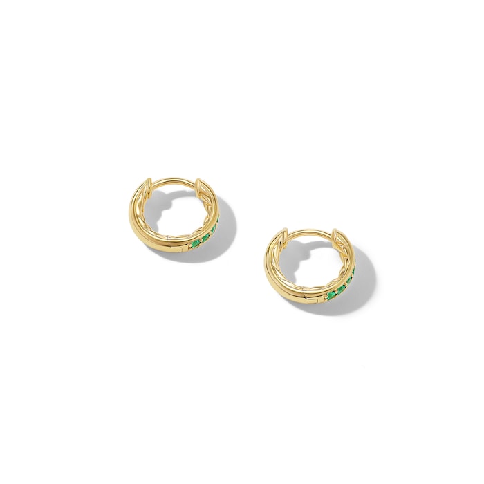 David Yurman Petite Pavé Huggie Hoop Earrings in 18ct Yellow Gold with Emeralds, 12mm