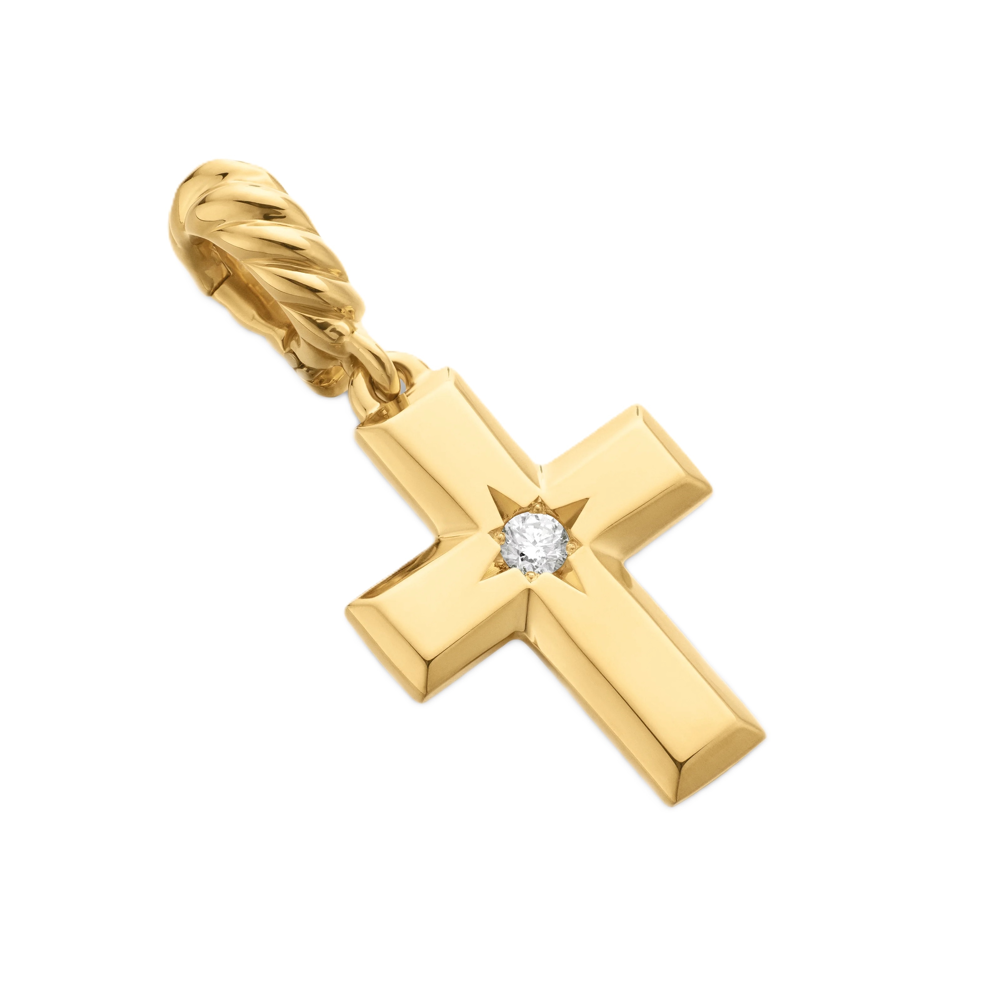 Cross Amulet in 18ct Yellow Gold with Center Diamond, 23.8mm