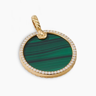 David Yurman DY Elements® Disc Pendant in 18ct Yellow Gold with Malachite and Diamond Rim, 24mm