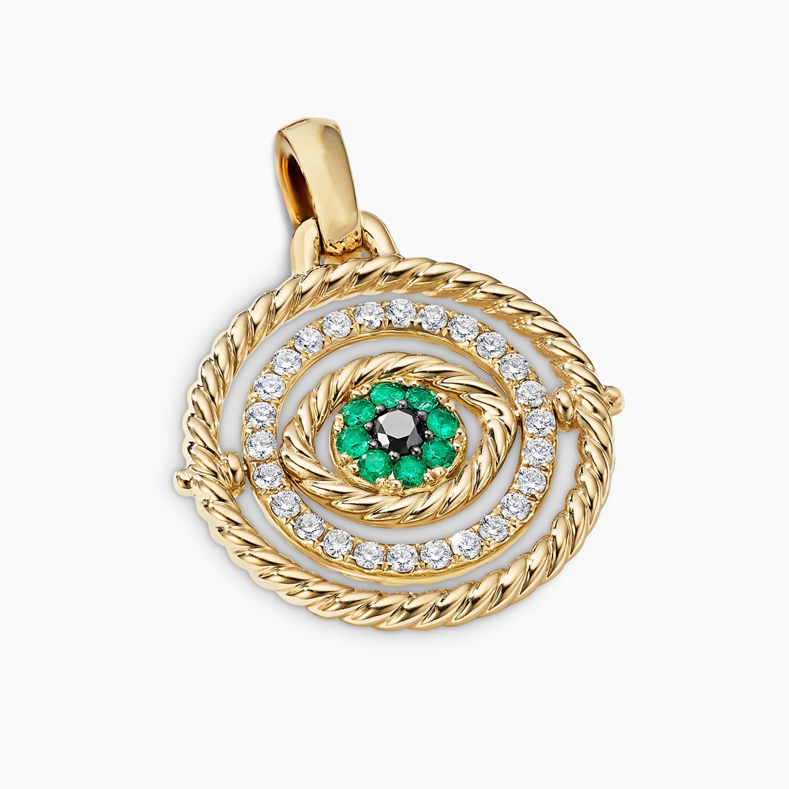 David Yurman Evil Eye Mobile Amulet in 18ct Yellow Gold with Pavé Emeralds and Diamonds, 20.5mm