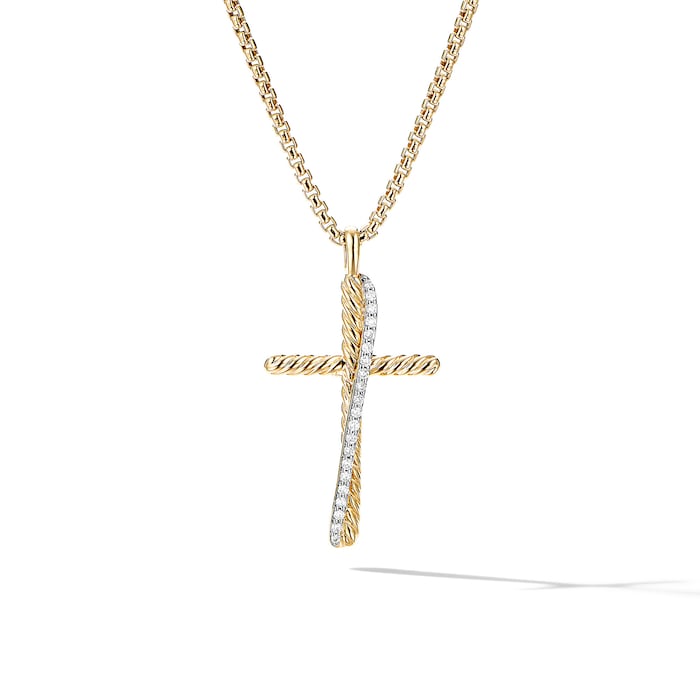 David Yurman Crossover Cross Necklace in 18ct Yellow Gold with Diamonds, 35.6mm