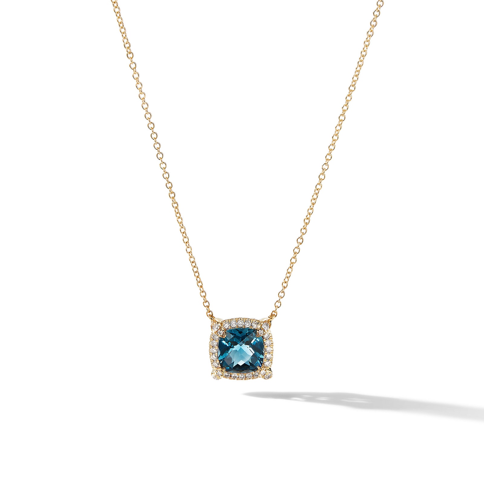 David Yurman Petite Chatelaine® Pavé Bezel Pendant Necklace in 18ct Yellow Gold with Hampton Blue Topaz and Diamonds, 7mm