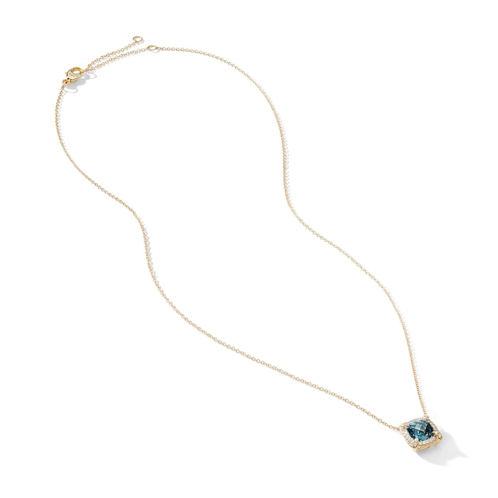 David Yurman Petite Chatelaine® Pavé Bezel Pendant Necklace in 18ct Yellow Gold with Hampton Blue Topaz and Diamonds, 7mm