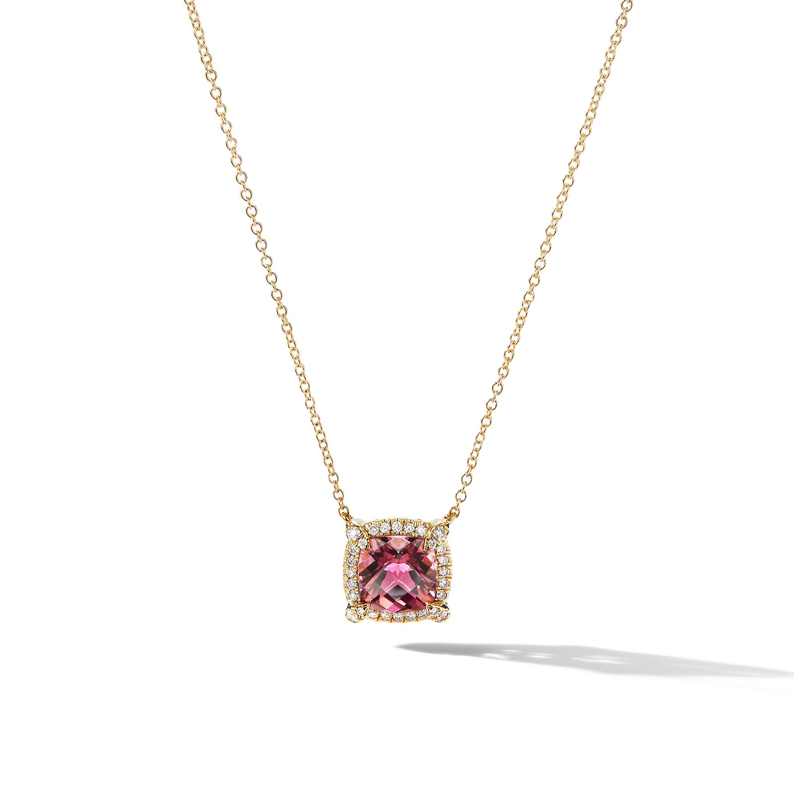 Petite Chatelaine® Pavé Bezel Pendant Necklace in 18ct Yellow Gold with Pink Tourmaline and Diamonds, 7mm