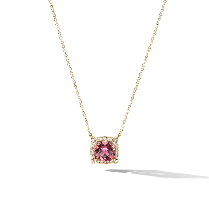 David Yurman Petite Chatelaine® Pavé Bezel Pendant Necklace in 18ct Yellow Gold with Pink Tourmaline and Diamonds, 7mm