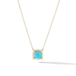 David Yurman Petite Chatelaine® Pavé Bezel Pendant Necklace in 18ct Yellow Gold with Turquoise and Diamonds, 7mm