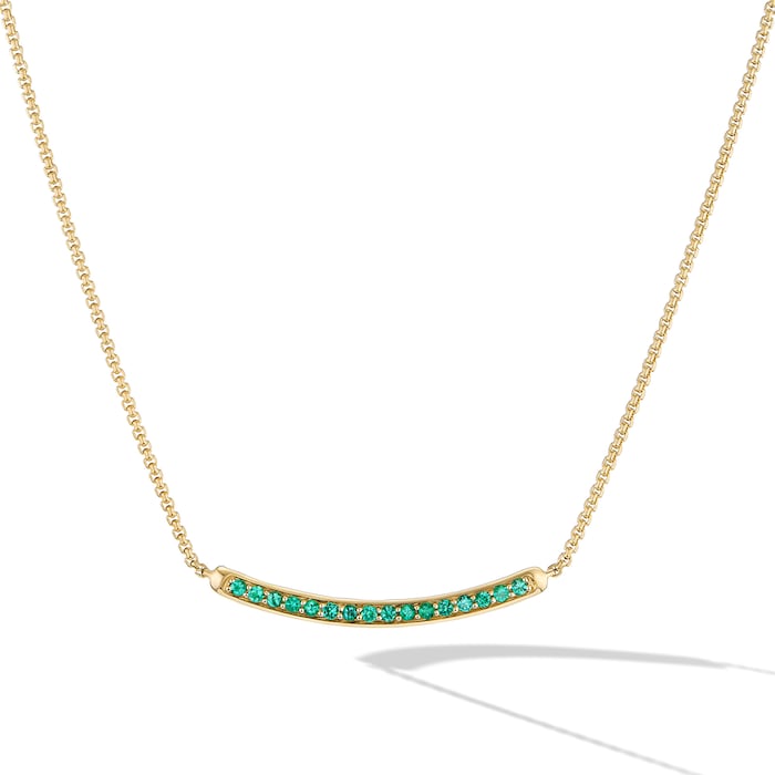 David Yurman Petite Pavé Bar Necklace in 18ct Yellow Gold with Emeralds, 1.25mm