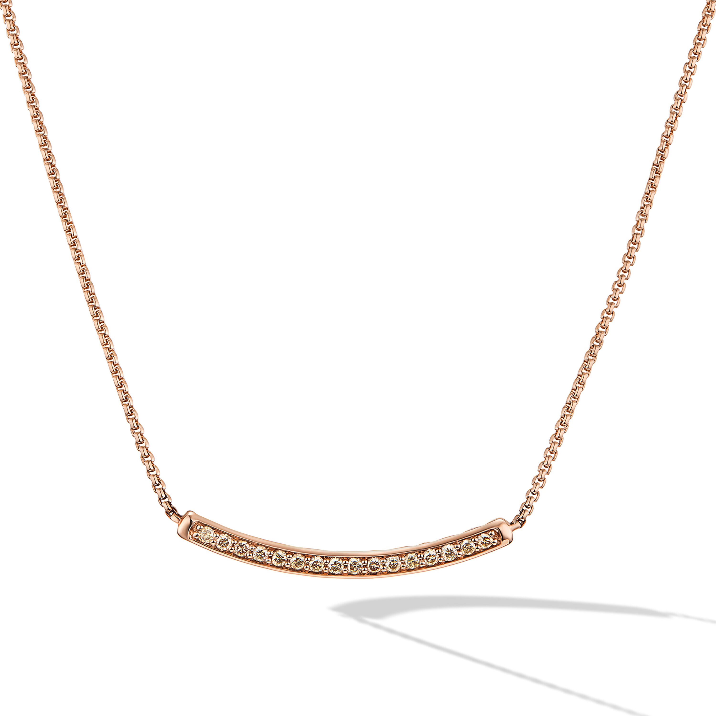 Petite Pavé Bar Necklace in 18ct Rose Gold with Cognac Diamonds, 1.25mm