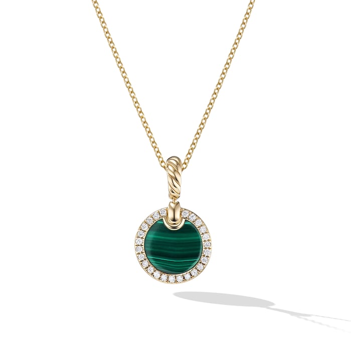 David Yurman Petite DY Elements® Pendant Necklace in 18ct Yellow Gold with Malachite and Diamonds, 17.8mm