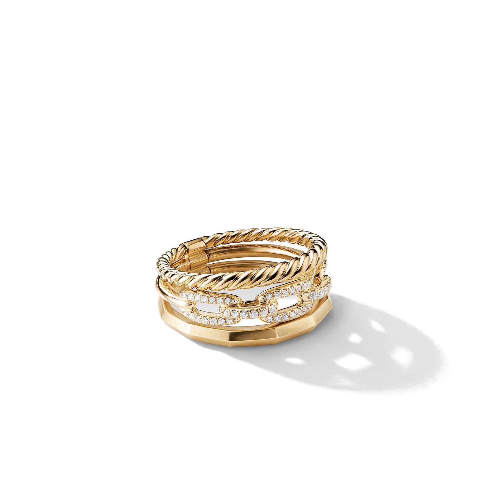 David Yurman Stax Three Row Ring in 18ct Yellow Gold with Diamonds, 9.5mm