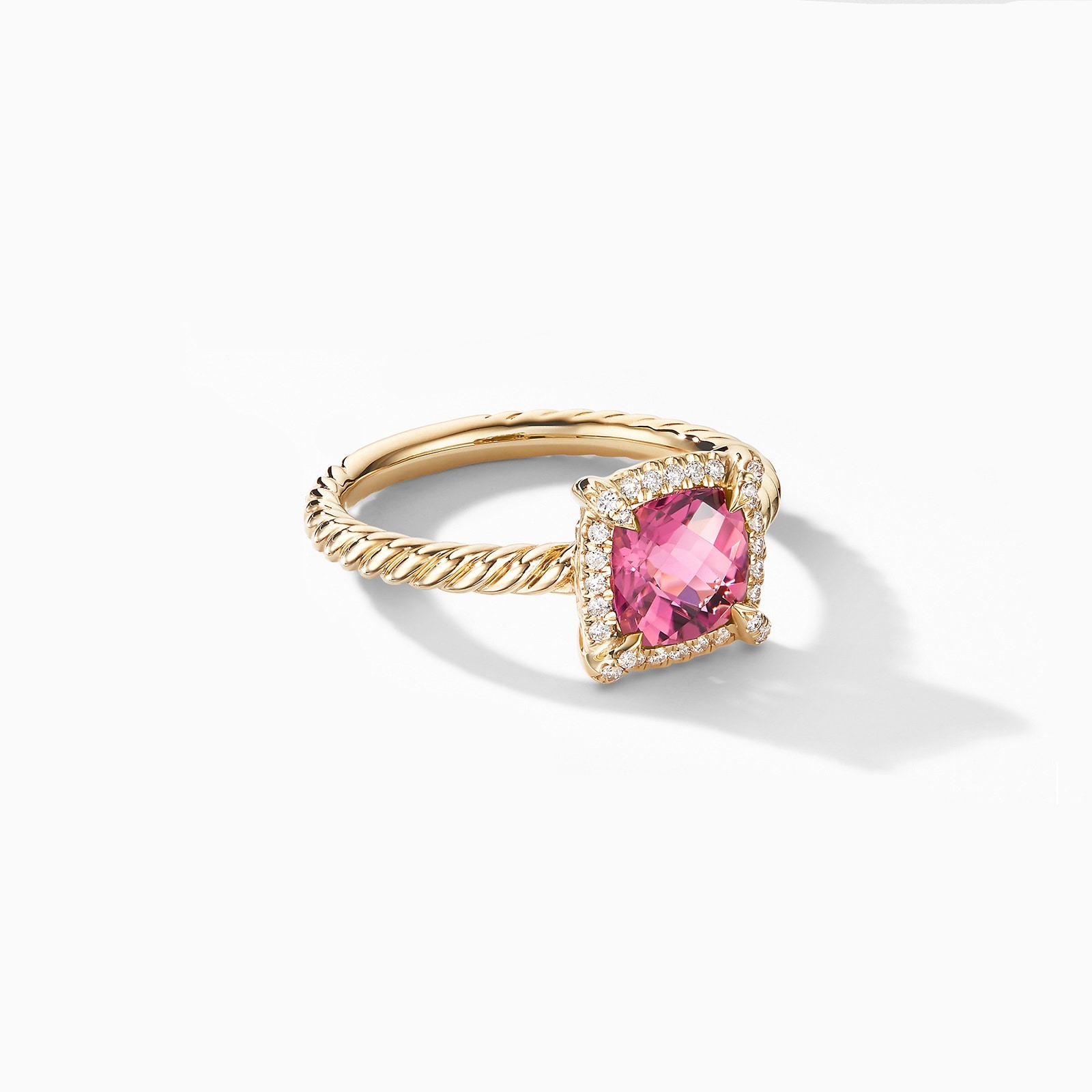 Petite Chatelaine® Pavé Bezel Ring in 18ct Yellow Gold with Pink Tourmaline and Diamonds - Ring Size L.5