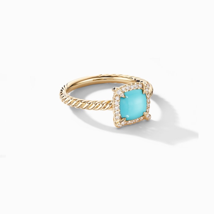 David Yurman Petite Chatelaine® Pavé Bezel Ring in 18ct Yellow Gold with Turquoise and Diamonds, 7mm