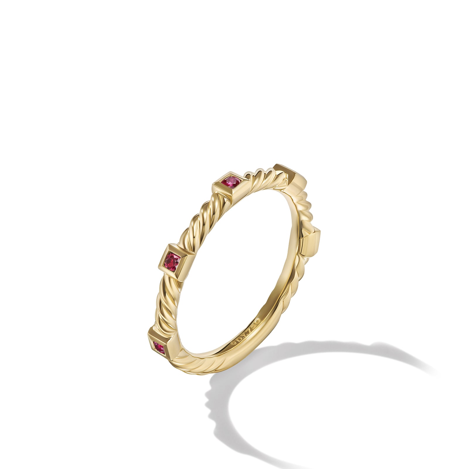 David Yurman Cable Collectibles® Stack Ring in 18ct Yellow Gold with Rubies, 2mm