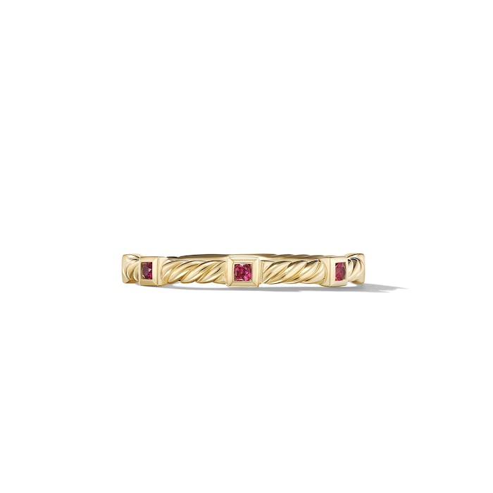 David Yurman Cable Collectibles® Stack Ring in 18ct Yellow Gold with Rubies, 2mm