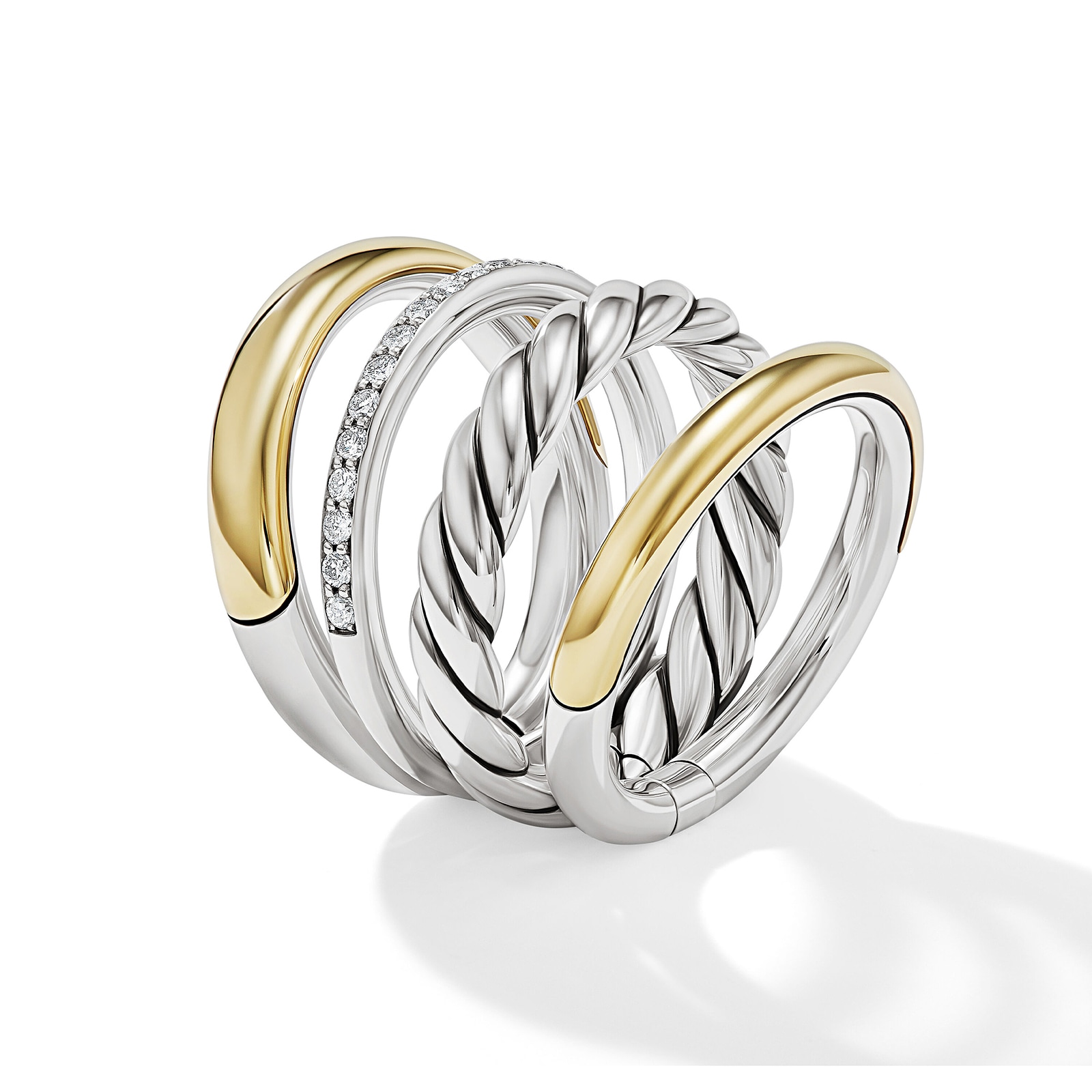 David Yurman DY Mercer™ Multi Row Ring in Sterling Silver with 18ct Yellow Gold and Diamonds, 14mm