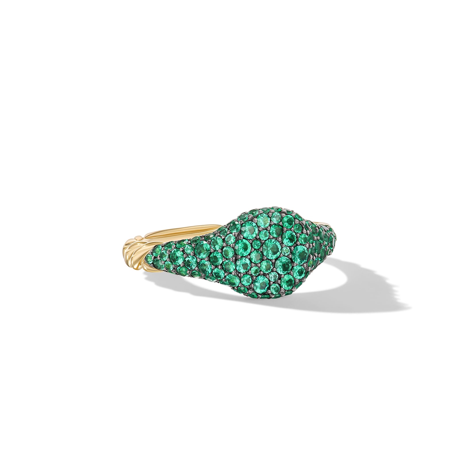 David Yurman Petite Pavé Pinky Ring in 18ct Yellow Gold with Emeralds, 7mm David Yurman Petite Pavé Pinky Ring in 18ct Yellow Gold with Emeralds, 7mm