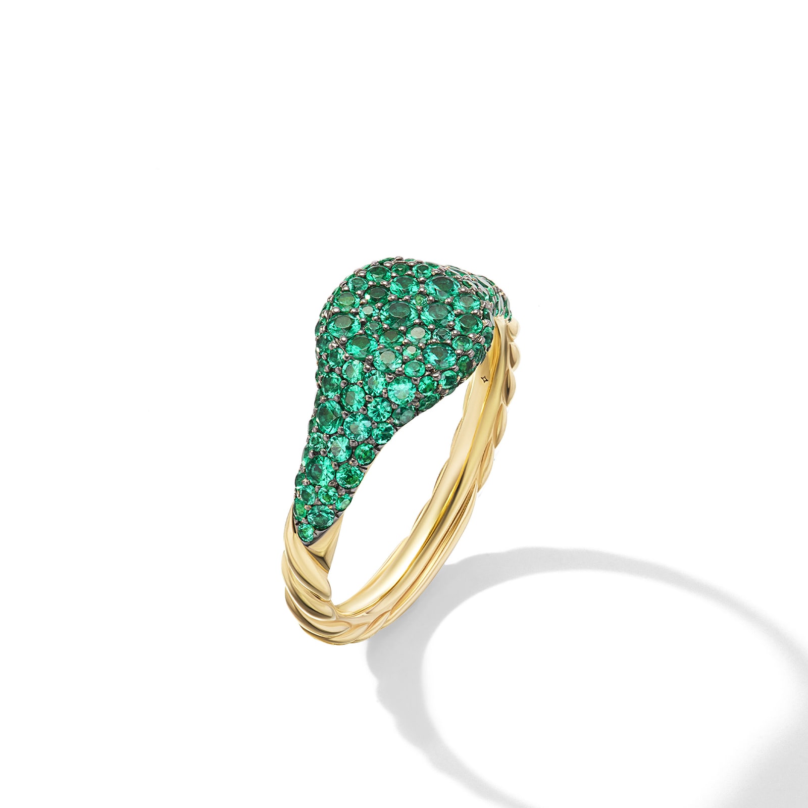 David Yurman Petite Pavé Pinky Ring in 18ct Yellow Gold with Emeralds, 7mm David Yurman Petite Pavé Pinky Ring in 18ct Yellow Gold with Emeralds, 7mm