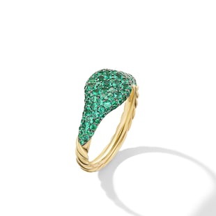 David Yurman Petite Pavé Pinky Ring in 18ct Yellow Gold with Emeralds, 7mm