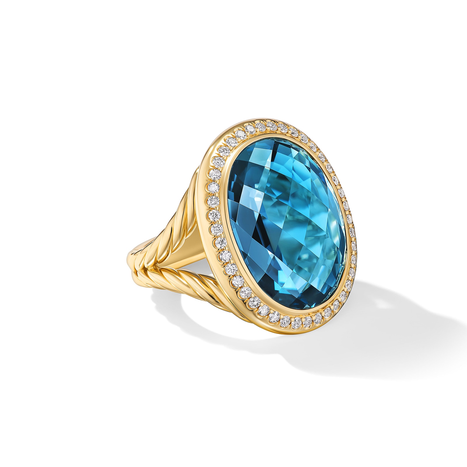 David Yurman Albion® Oval Ring in 18ct Yellow Gold with Hampton Blue Topaz and Diamonds, 21mm