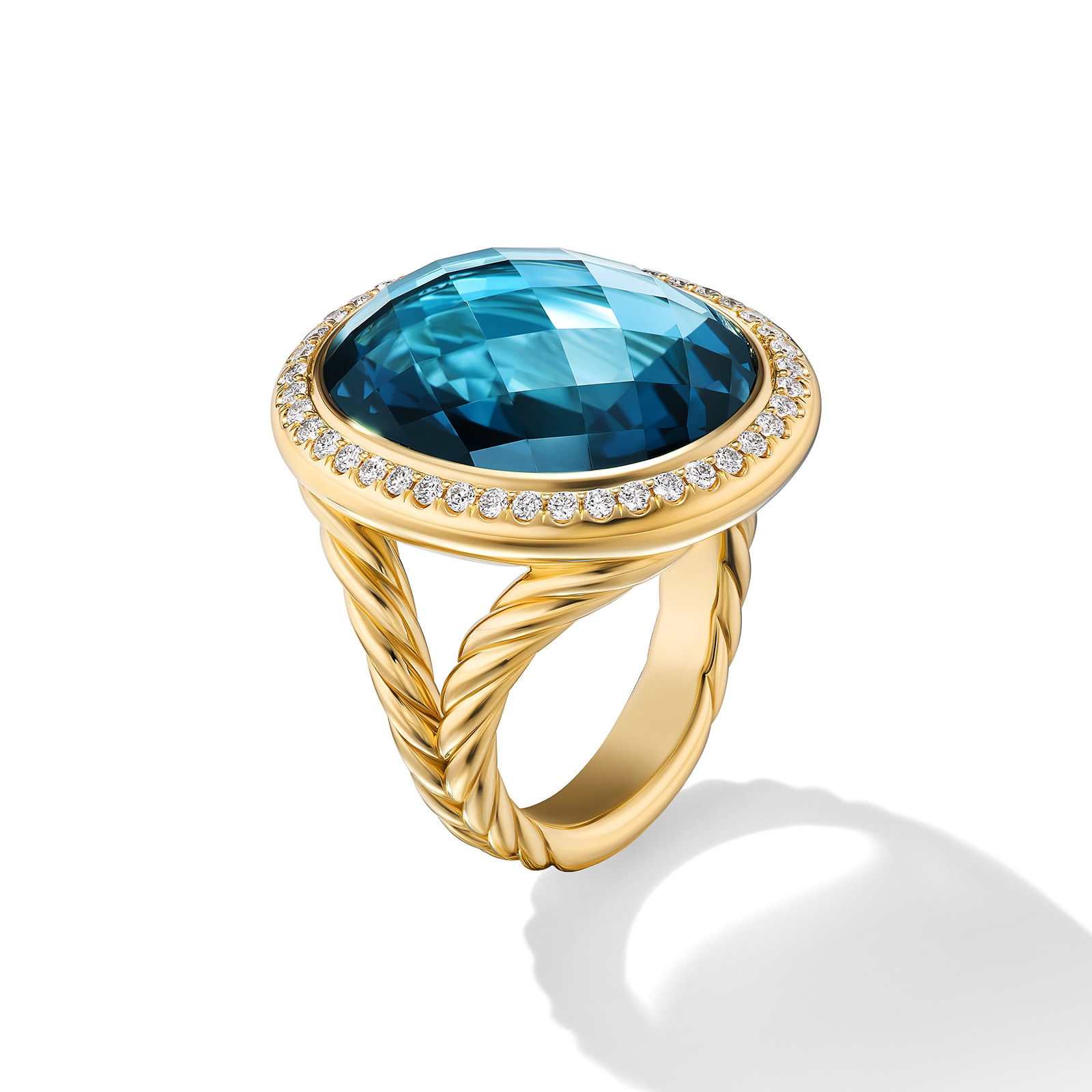 David Yurman Albion® Oval Ring in 18ct Yellow Gold with Hampton Blue Topaz and Diamonds, 21mm