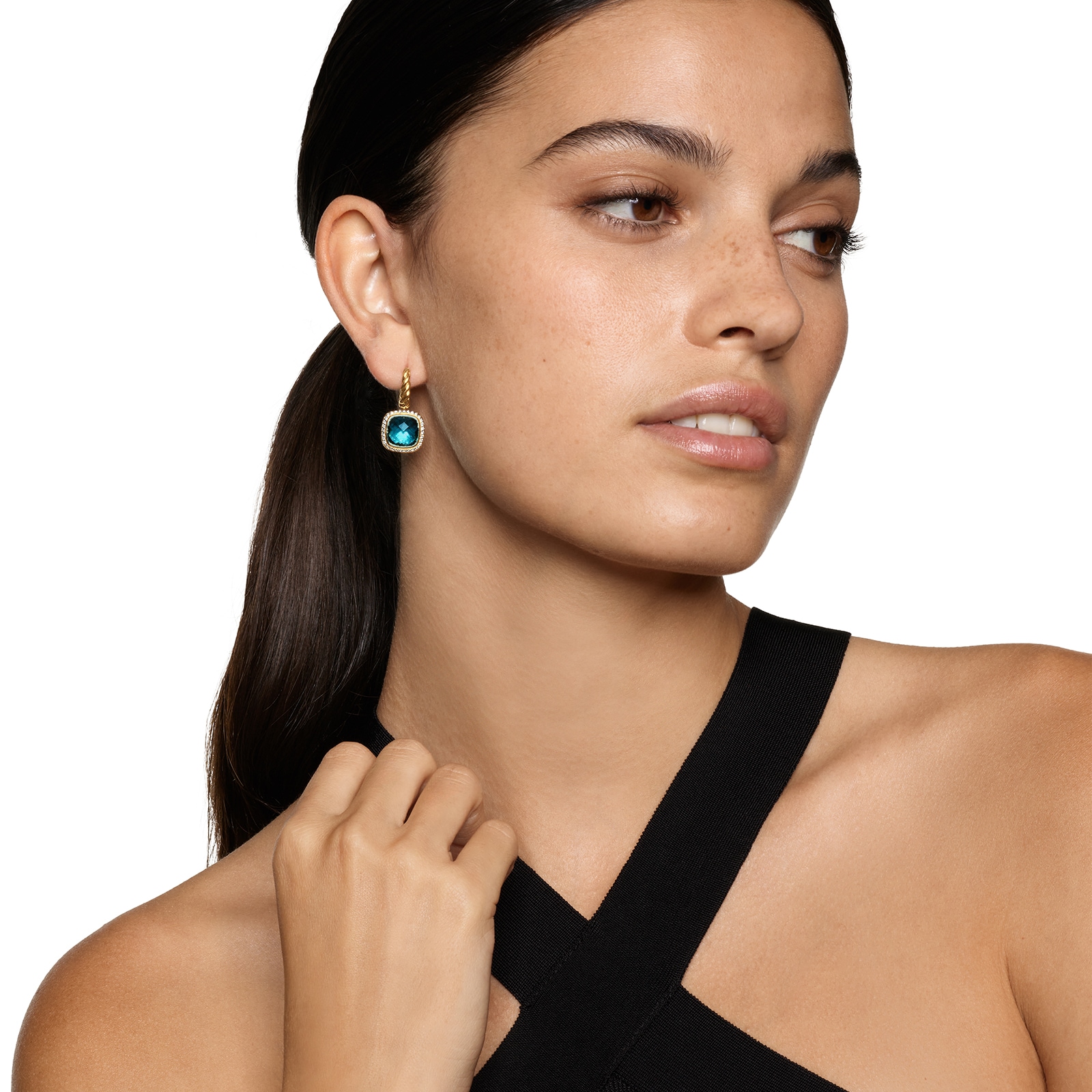 David Yurman Albion® Drop Earrings In 18ct Yellow Gold with Hampton Blue Topaz and Diamonds, 10mm