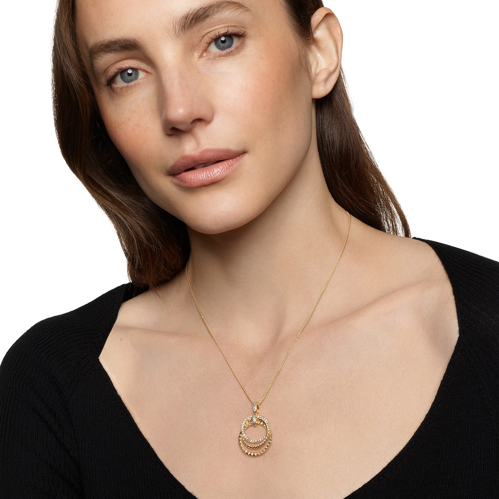 David Yurman Crossover Trio Pendant Necklace In 18ct Yellow Gold With Diamonds, 24mm David Yurman Crossover Trio Pendant Necklace In 18ct Yellow Gold With Diamonds, 24mm