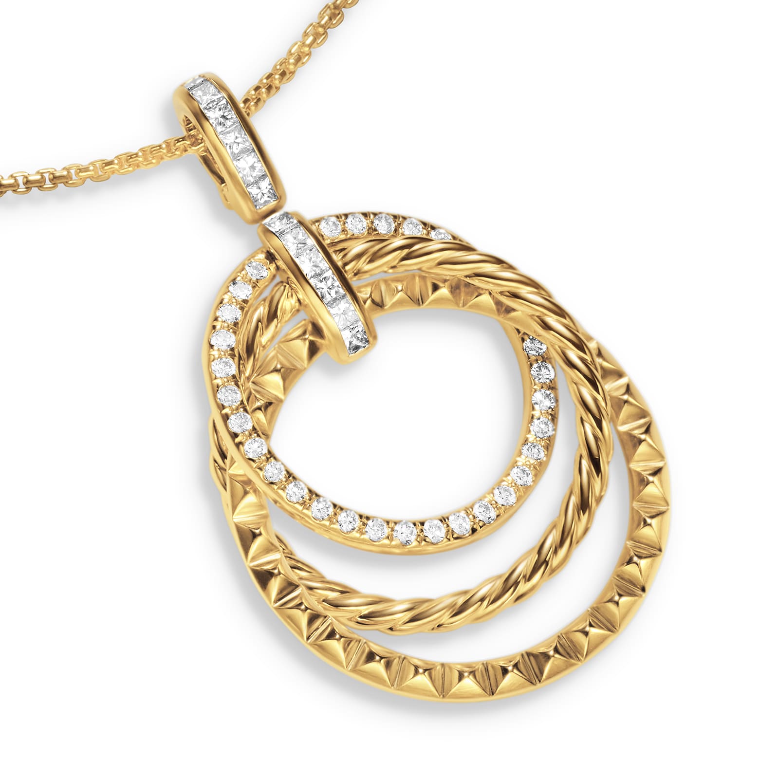 David Yurman Crossover Trio Pendant Necklace In 18ct Yellow Gold With Diamonds, 24mm David Yurman Crossover Trio Pendant Necklace In 18ct Yellow Gold With Diamonds, 24mm