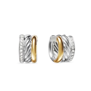 David Yurman DY Mercer™ Huggie Hoop Earrings In Sterling Silver with 18ct Yellow Gold and Diamonds, 14mm