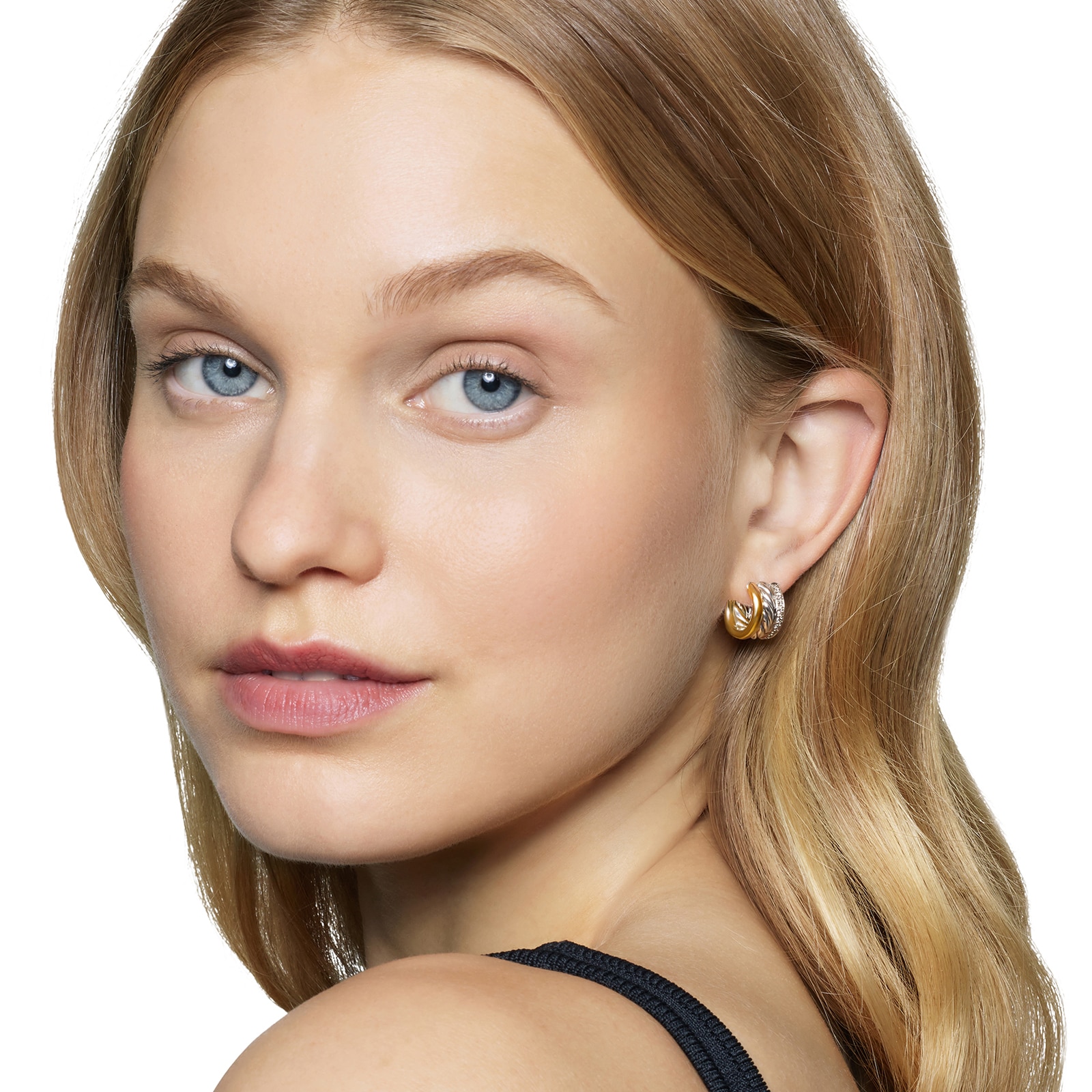 David Yurman DY Mercer™ Huggie Hoop Earrings In Sterling Silver with 18ct Yellow Gold and Diamonds, 14mm
