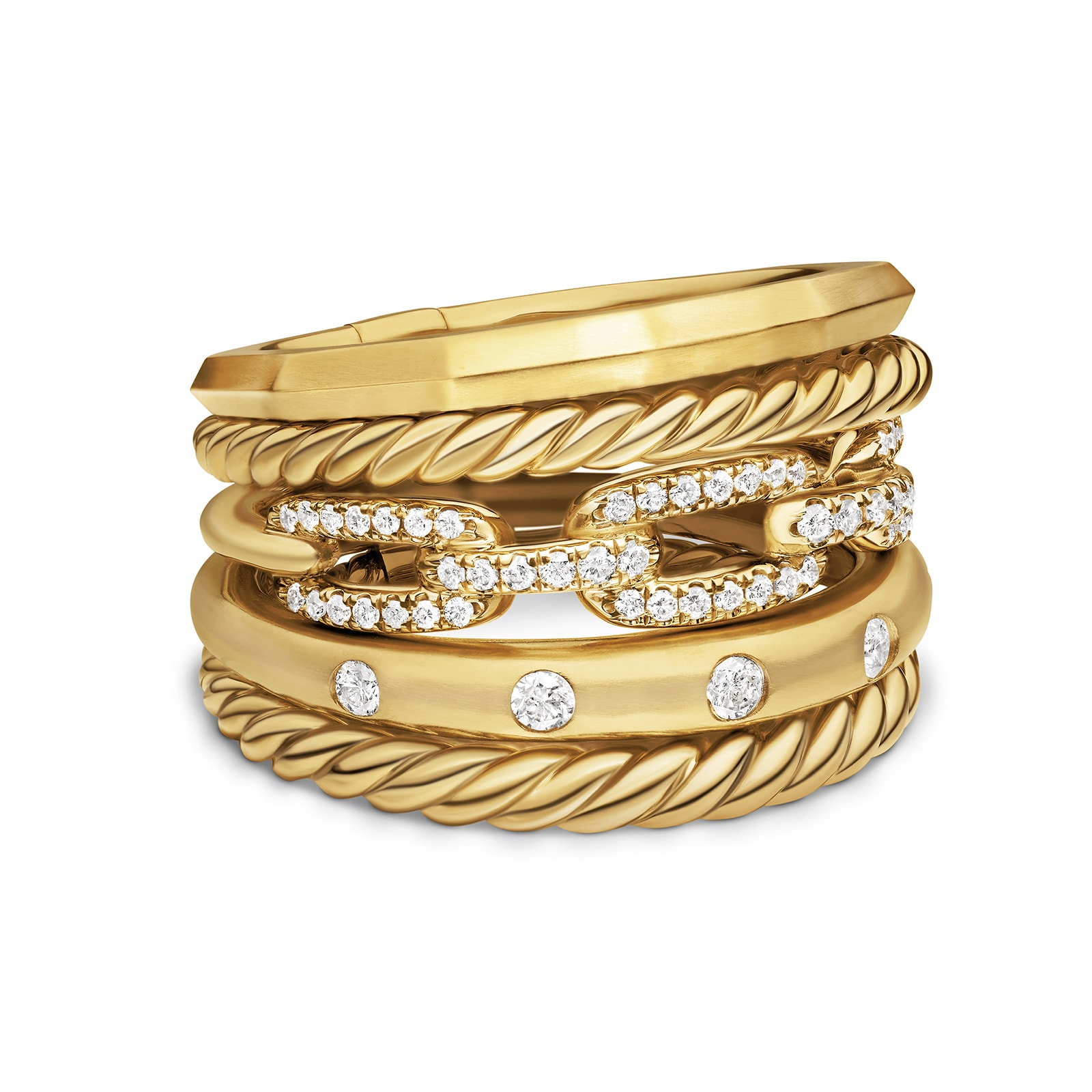 David Yurman Stax Five Row Ring In 18ct Yellow Gold With Diamonds, 15mm