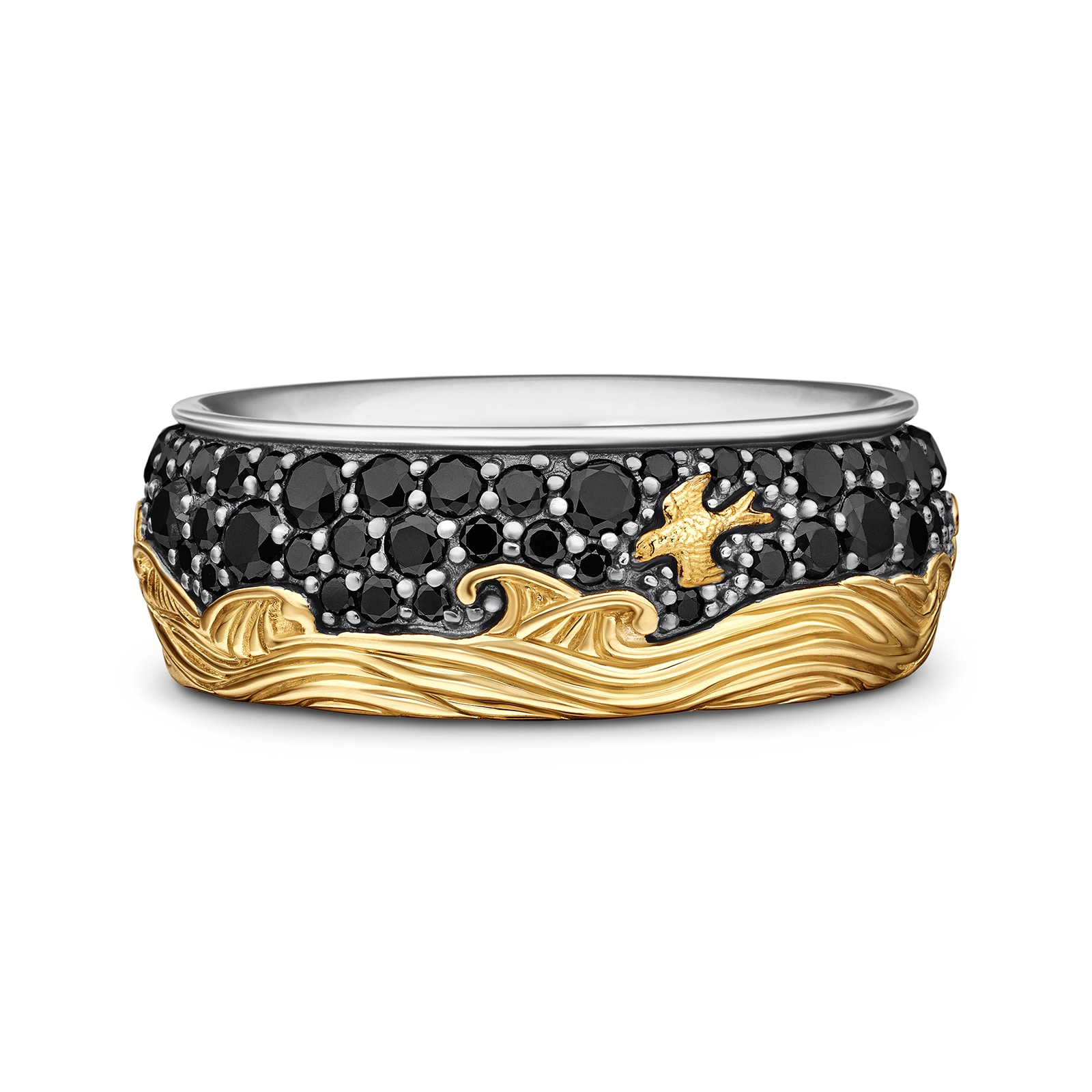 David Yurman Waves Band Ring In Sterling Silver with 18ct Yellow Gold and Black Diamonds, 8.7mm