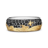 David Yurman Waves Band Ring In Sterling Silver with 18ct Yellow Gold and Black Diamonds, 8.7mm