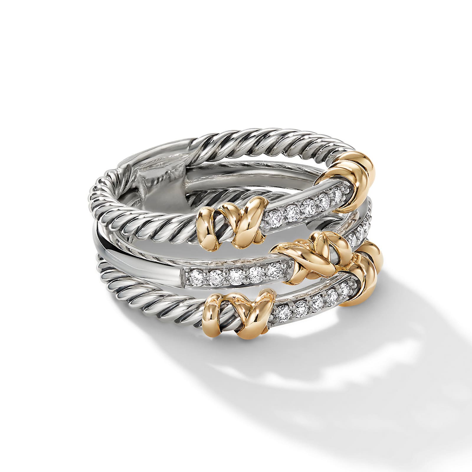 David Yurman Petite Helena Wrap Three Row Ring In Sterling Silver with 18ct Yellow Gold and Diamonds, 12mm