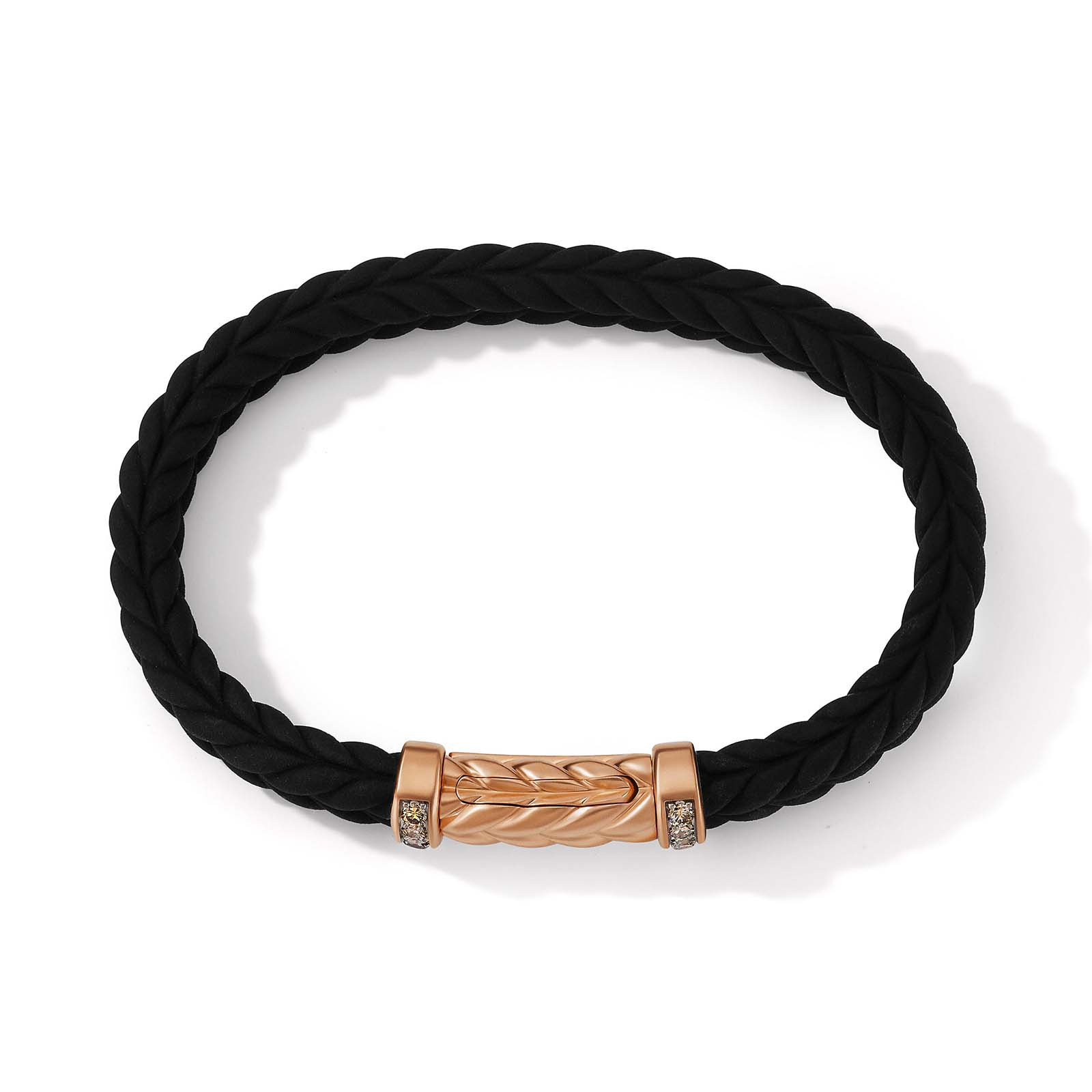 David Yurman Chevron Bracelet In Black Rubber with 18ct Rose Gold and Cognac Diamonds, 9mm