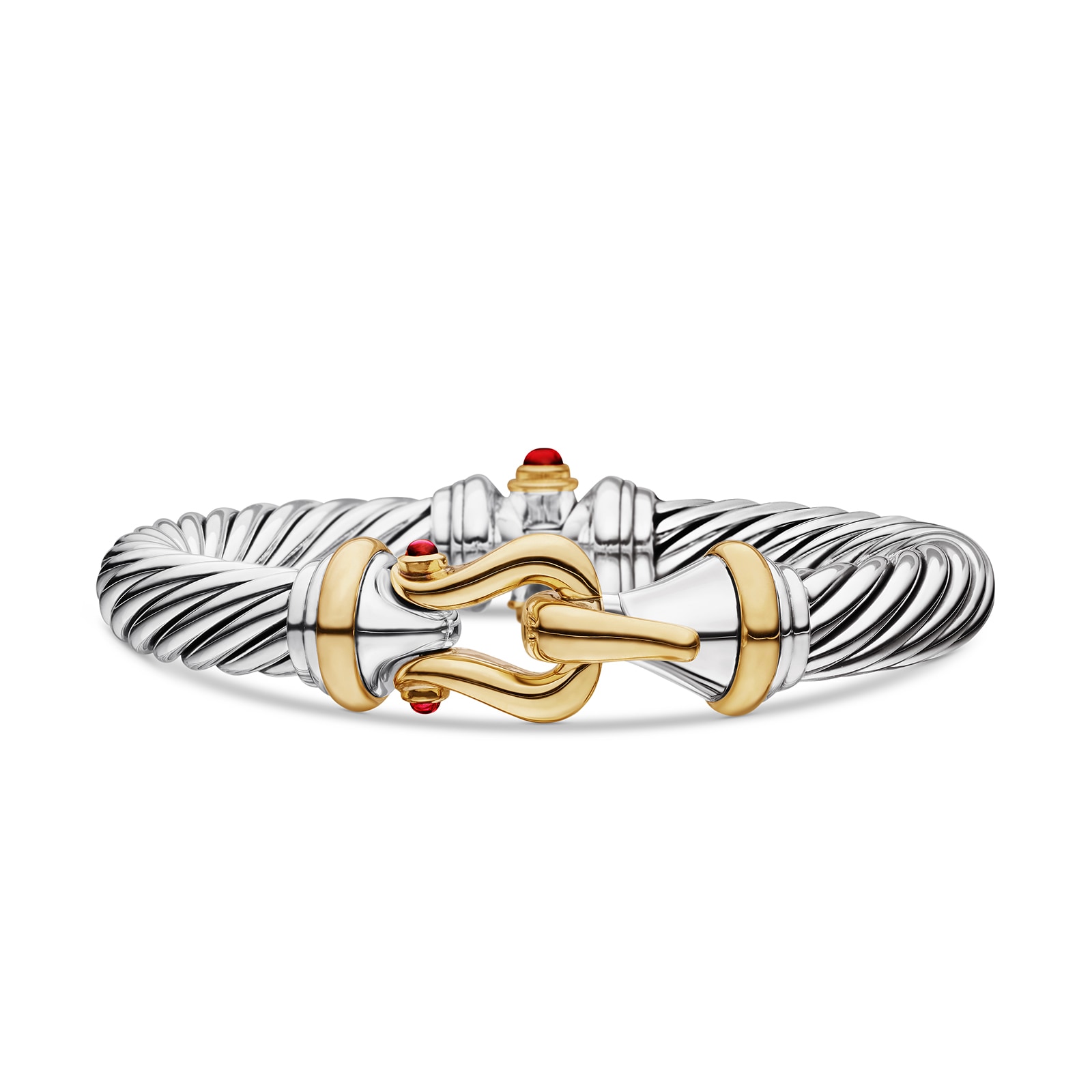 David Yurman Buckle Classic Cable Bracelet In Sterling Silver with 18ct Yellow Gold and Rhodolite Garnets, 9mm