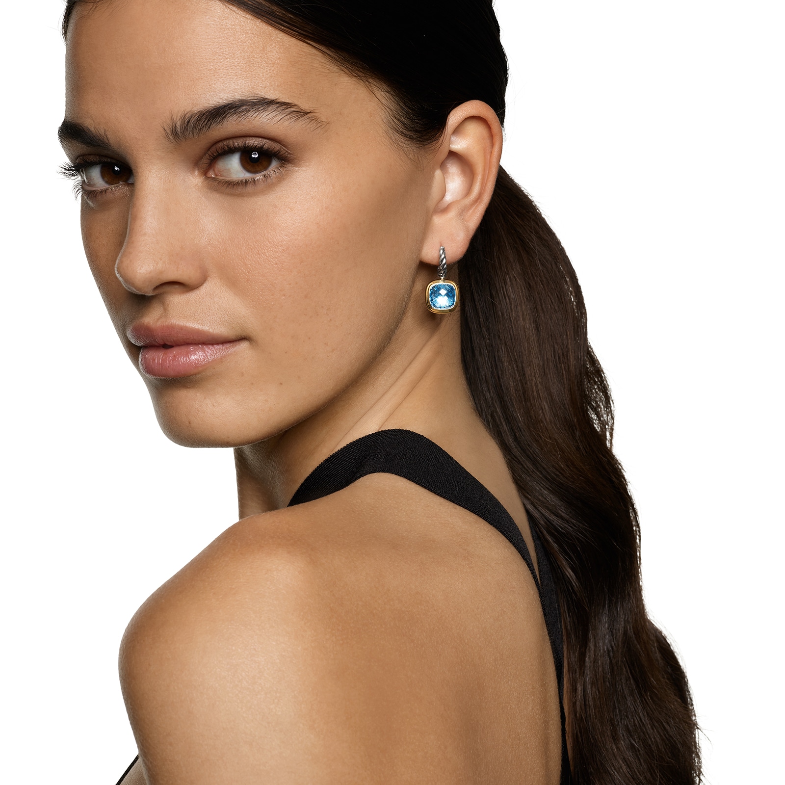 David Yurman Albion® Drop Earrings in Sterling Silver with 18ct Yellow Gold and Blue Topaz, 10mm