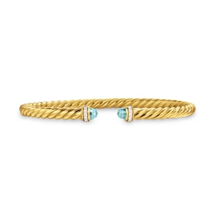 David Yurman Cablespira® Flex Bracelet in 18ct Yellow Gold with Aquamarine and Diamonds, 4mm - Size Small