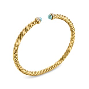 David Yurman Cablespira® Flex Bracelet in 18ct Yellow Gold with Aquamarine and Diamonds, 4mm - Size Small
