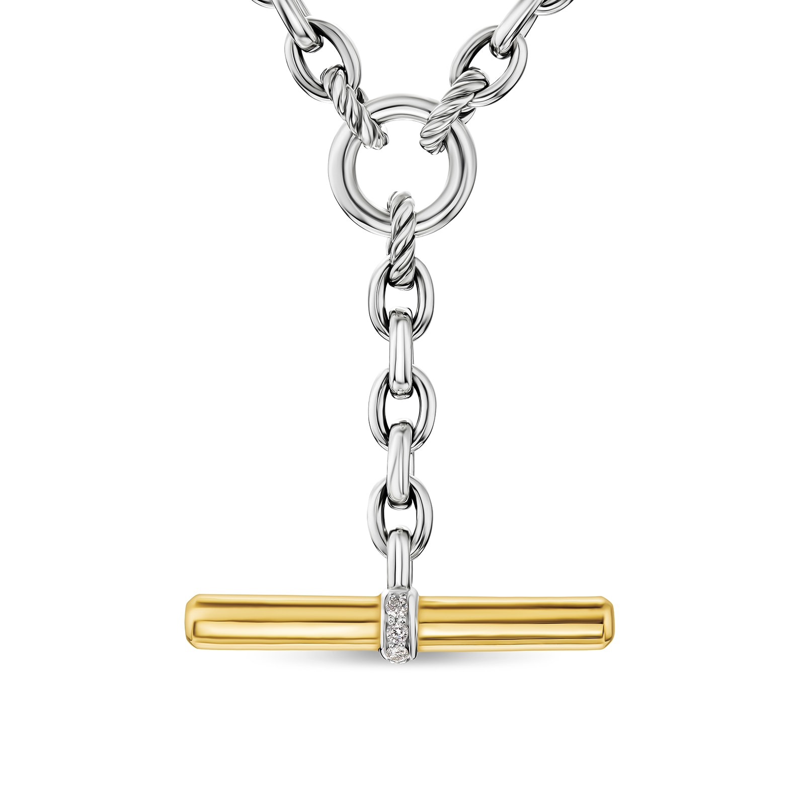DY Mercer® Petite Toggle Chain Necklace in Sterling Silver and 18ct Yellow Gold with Diamonds, 4.5mm