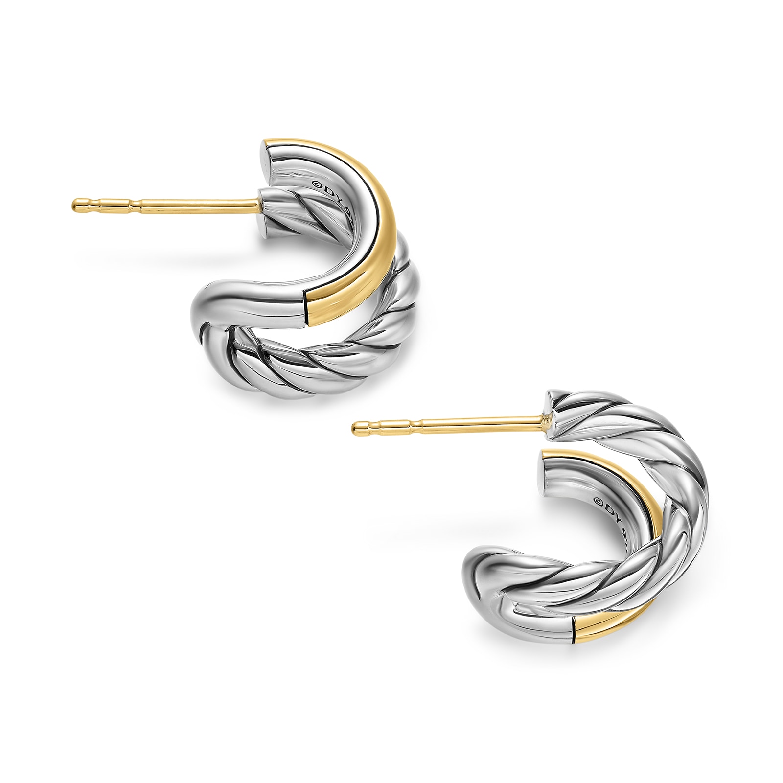 David Yurman DY Mercer® Double Hoop Huggie Earrings in Sterling Silver with 18ct Yellow Gold, 13.5mm