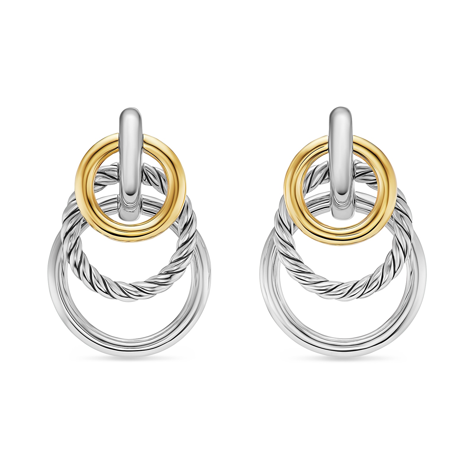 DY Mercer® Triple Ring Drop Earrings in Sterling Silver with 18ct Yellow Gold, 35.6mm