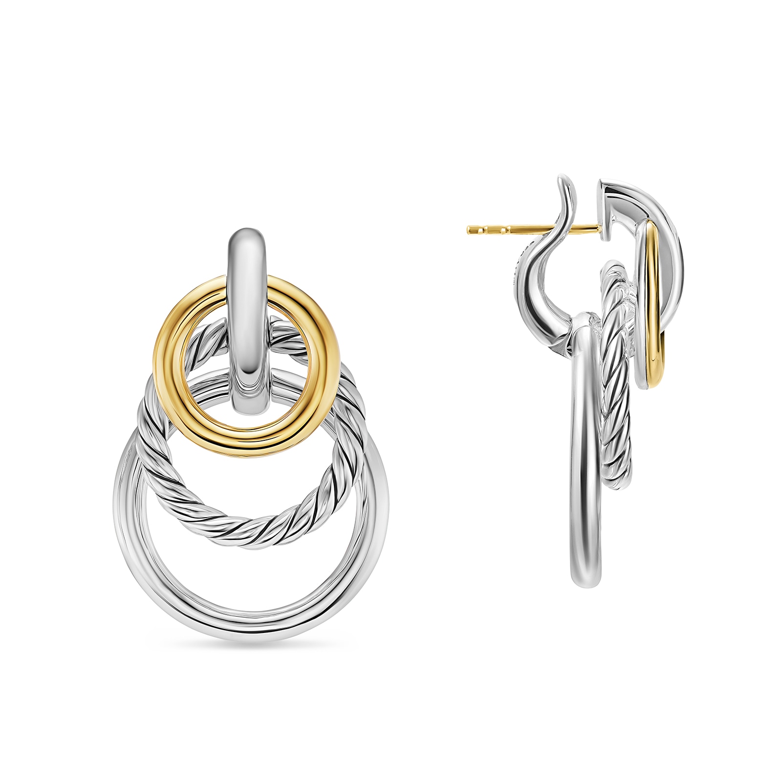 David Yurman DY Mercer® Triple Ring Drop Earrings in Sterling Silver with 18ct Yellow Gold, 35.6mm