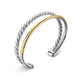 David Yurman DY Mercer® Two Row Cuff Bracelet in Sterling Silver with 18ct Yellow Gold, 8mm - Size Large