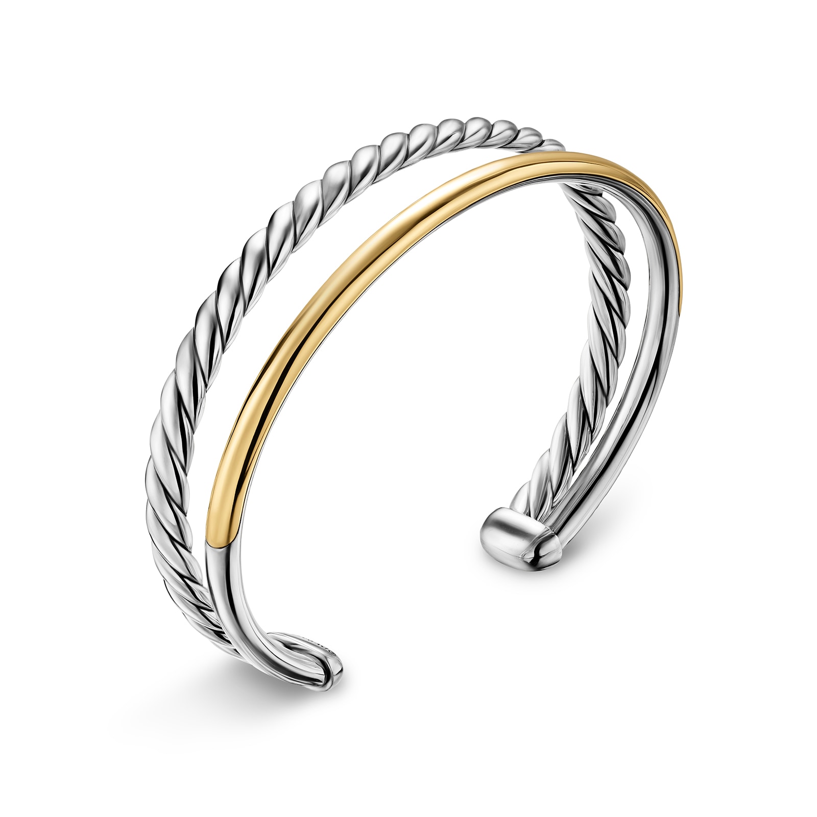 David Yurman DY Mercer® Two Row Cuff Bracelet in Sterling Silver with 18ct Yellow Gold, 8mm - Size Medium