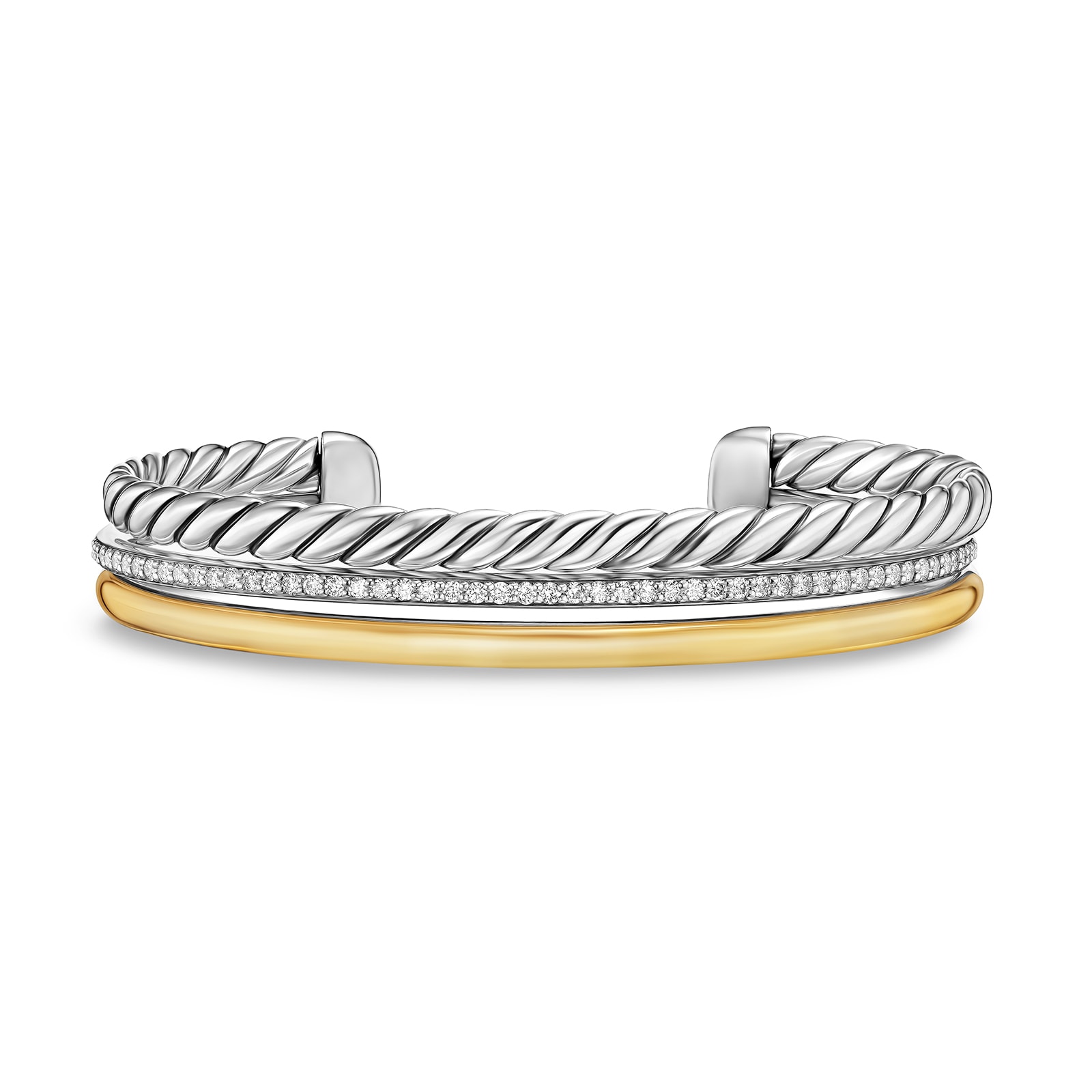 David Yurman DY Mercer™ Three Row Cuff Bracelet in Sterling Silver with 18ct Yellow Gold and Diamonds, 10.4mm - Size Large
