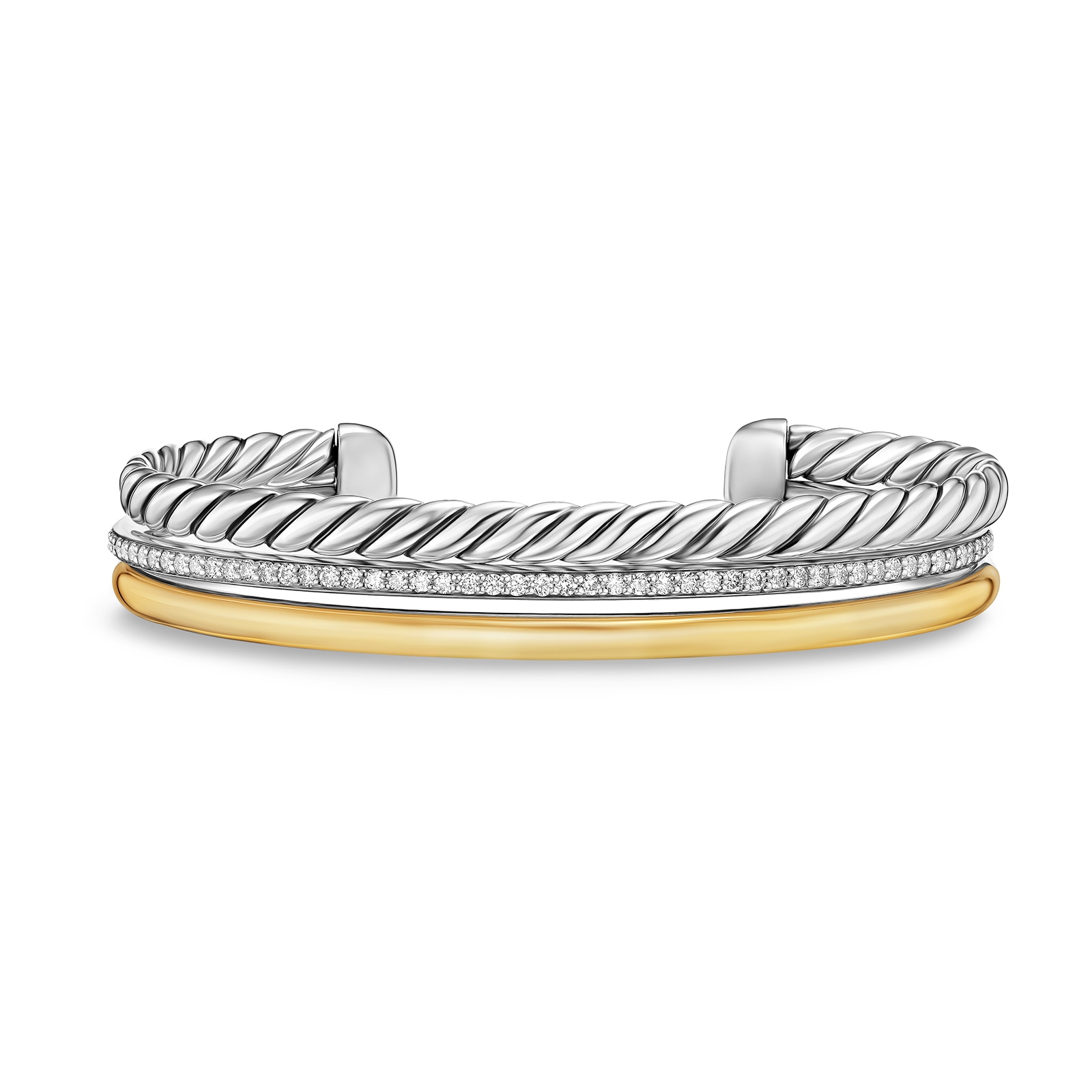 DY Mercer™ Three Row Cuff Bracelet in Sterling Silver with 18ct Yellow Gold and Diamonds, 10mm - Size Medium