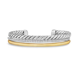 David Yurman DY Mercer™ Three Row Cuff Bracelet in Sterling Silver with 18ct Yellow Gold and Diamonds, 10mm - Size Medium