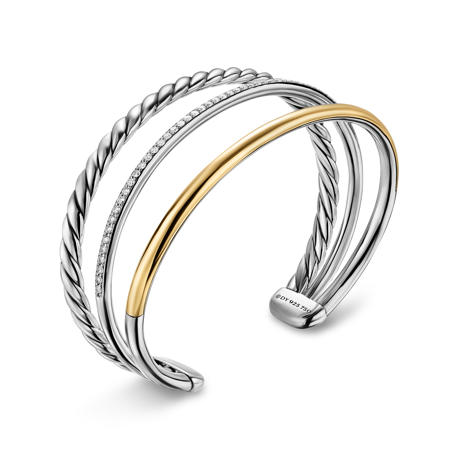 David Yurman DY Mercer™ Three Row Cuff Bracelet in Sterling Silver with 18ct Yellow Gold and Diamonds, 10mm - Size Medium David Yurman DY Mercer™ Three Row Cuff Bracelet in Sterling Silver with 18ct Yellow Gold and Diamonds, 10mm - Size Medium