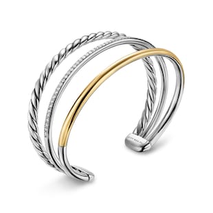 David Yurman DY Mercer™ Three Row Cuff Bracelet in Sterling Silver with 18ct Yellow Gold and Diamonds, 10mm - Size Medium