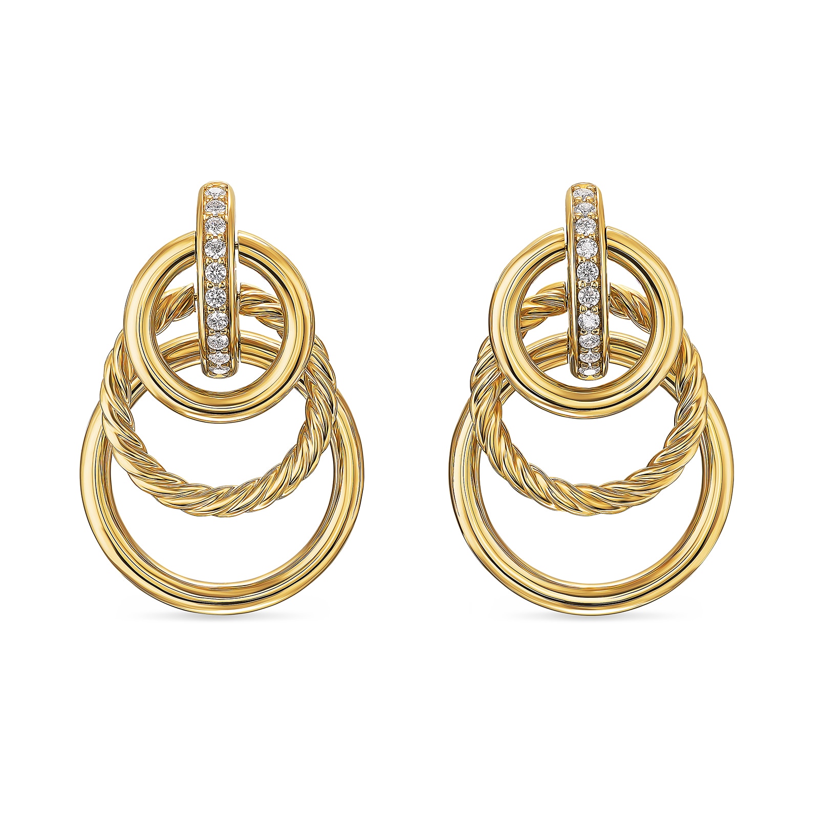 David Yurman DY Mercer® Triple Ring Drop Earrings in 18ct Yellow Gold with Diamonds, 35.6mm